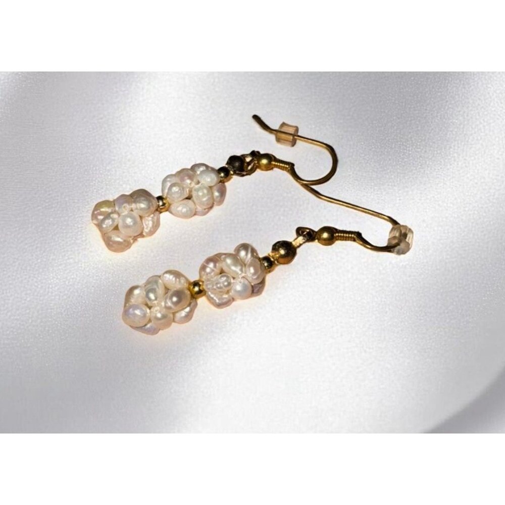 Handmade Dangling Earrings With Faux Pearls & Gold Beads - Picture 4 of 14